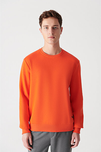 Avva Men's Neon Orange Crew Neck Raised 3 Thread Cotton Sweatshirt E 001017