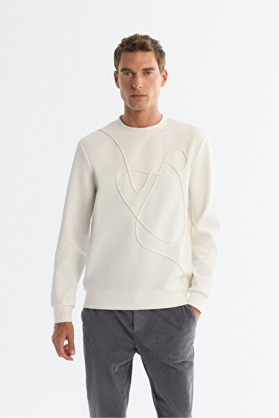 Avva Men's Ecru Crew Neck Cotton Embroidered Regular Fit Sweatshirt A42Y1247