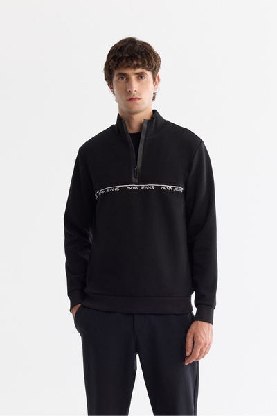 Avva Men's Black Stand Collar Zippered Printed Cotton Regular Fit Sweatshirt ...