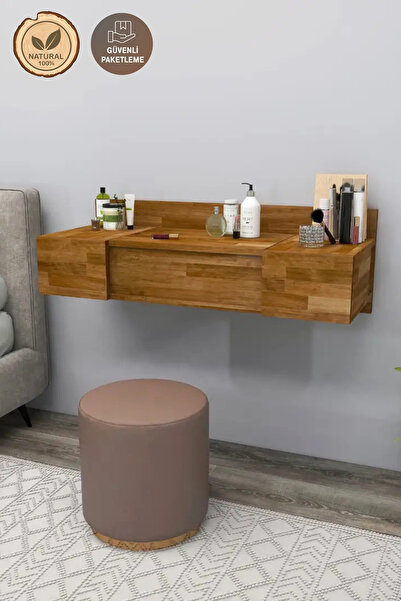 WOODFACE Ceviz Masif Ahşap Masif Aynalı Makyaj Masası Duvara Monte 2 Raflı Tu...