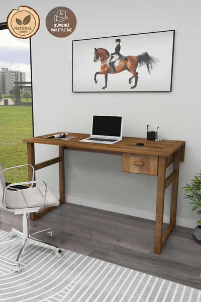 WOODFACE Masif Ahşap Doğal Ahşap Çekmeceli Çalışma Masası 116x55 Cm