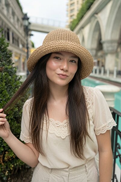 Mollycrush Pălărie tip găleată tricotată de vară Camel pentru femei |   Prote...
