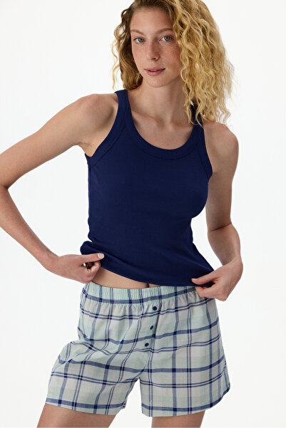Penti Navy Blue Mira Checked Plaid Shorts Pajama Set