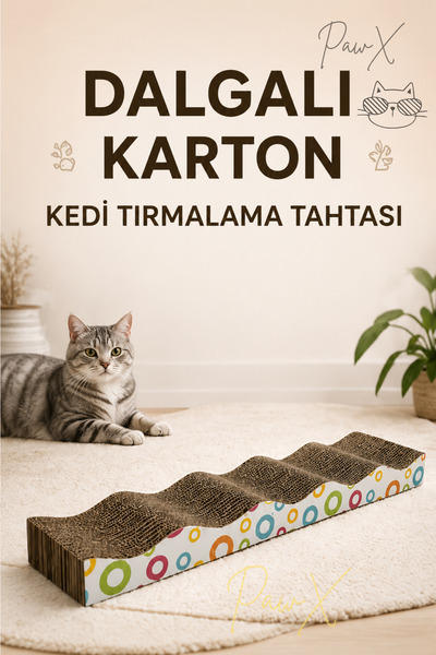 PawX Dalgalı Karton Kedi Tırmalama Tahtası 44 x 11 x 4 cm – Kedi Nanesi Hediyeli