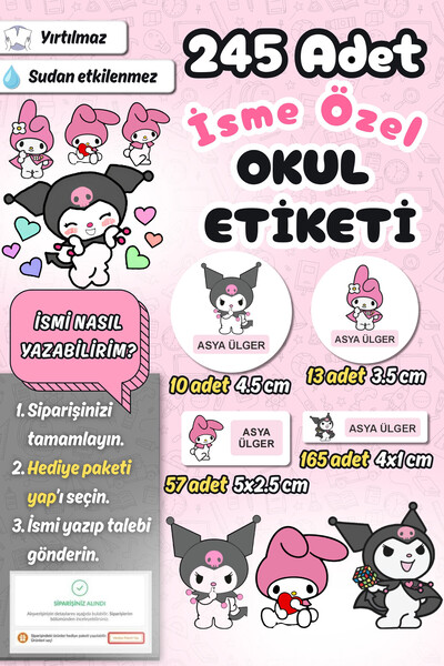 Sticker Ekspres Okul Etiketi Kuromi ve My Melody Kalem Defter Etiketi Özel İs...
