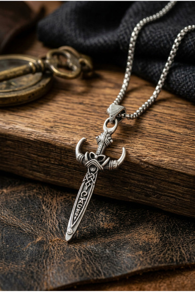 Begondio Double Horn Sword Handcrafted Stainless Steel Chain Men's Necklace