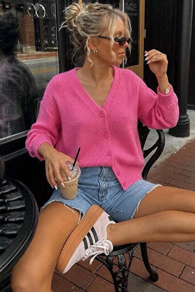 Madmext Pink V-Neck Women's Knitwear Cardigan Mg2462