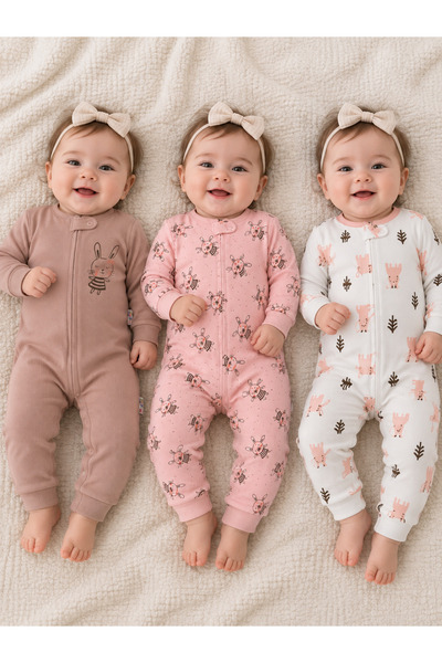 PonçiKids 3’lü set - Premium %100 Pamuk Fermuarlı Uzun Kollu Bebek Tulumu Des...