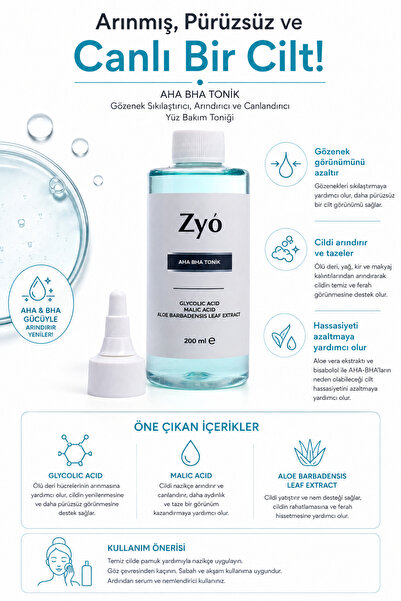 Zyo Glikolik Asit Gözenek Sıkılaştırıcı Tonik Ve Canlandırıcı Etkili Yüz Bakım Toniği (AHA %10 Glycolic Acid) 200 ml