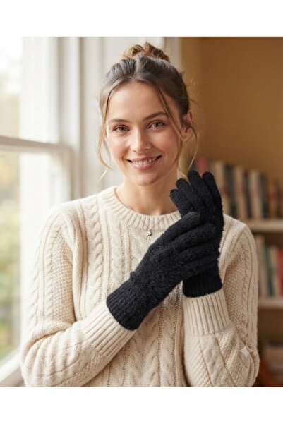 Fonem Unisex Sera Eldiven Fo 5572 Black Furry and Soft Textured Winter Knitte...