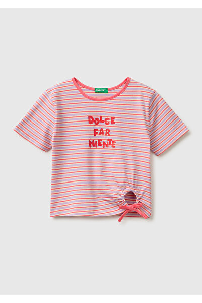 United Colors of Benetton Girl's Red Mix Knotted Front Printed Regular Fit T-...
