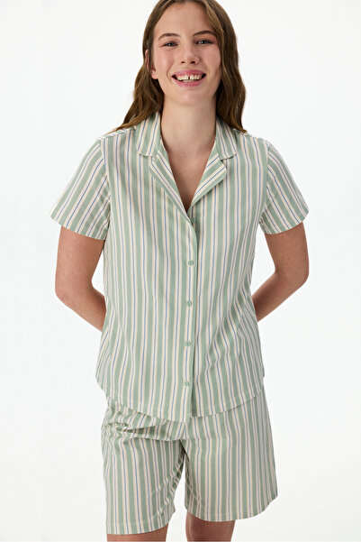 Penti Green Comfortable Striped Short Sleeve Shirt Shorts Pajama Set