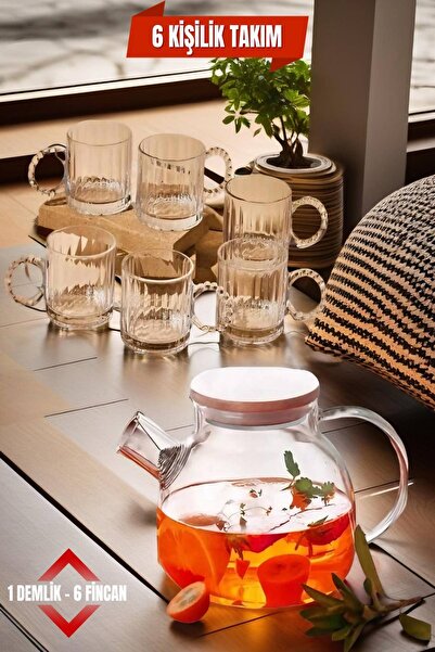 Open Home Concept Cup Set for 6 People - 1 Glass Teapot - Model 3