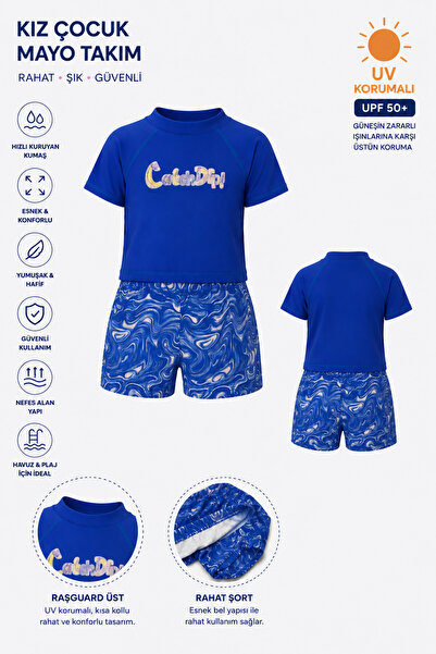 pistyle Girl's blue t-shirt, bottoms, and swimsuit