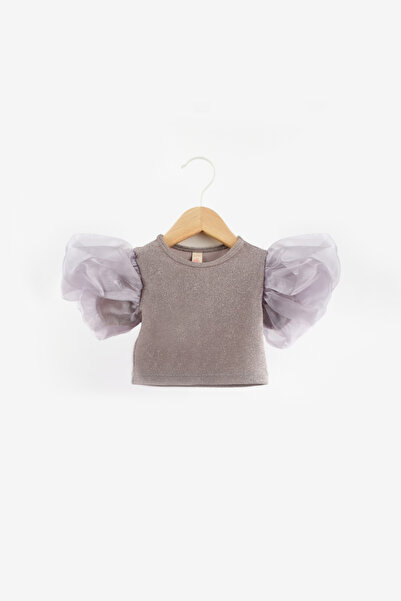 Le Mabelle Silver Sleeves Tulle Glitter Girls' Crop Top