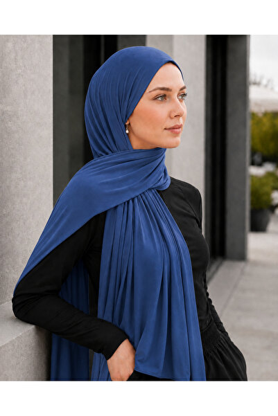 Merve Nayir شال حجاب من القطن الممشط والجيرسيه والليكرا باللون الأزرق النيلي