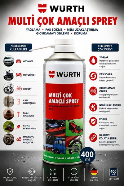 Genel Markalar Würth Multi Çok Amaçlı Sprey 400 ml Pas sökücü , Yağlayıcı , N...