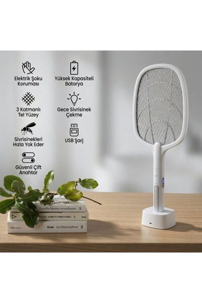 Sezy 3000V Yüksek Voltaj Şarjlı Elektrikli Sinek Raketi | Hem Masaüstü 2in1 S...