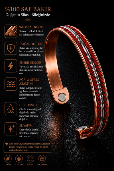 İyyaKee Men's and Women's Red Copper Bracelet with Leather Strips on Top, Ste...