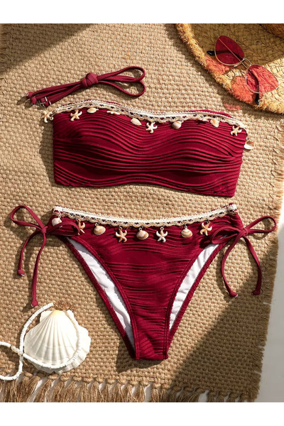 LA VALİENTE Vişne Kadın Bej Deniz Kabuğu Detaylı Straplez Bikini Takımı - İpl...