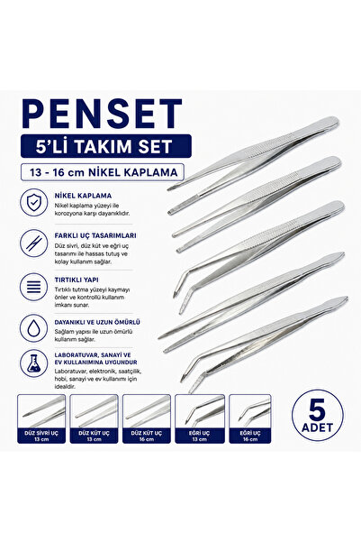 Labolist Penset 5’li Takım Set 13 - 16 cm Nikel Kaplama