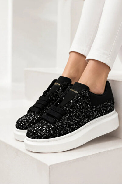 Ticen Siyah Taşlı Premium Kadın Sneaker | Kalın Taban Günlük Şık Spor Ayakkabı