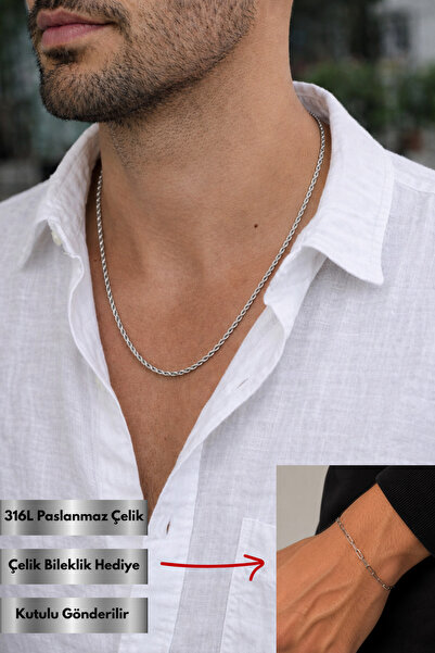 Tixy Pixy 316L Stainless Steel Twisted Chain Silver Men's Necklace 60cm
