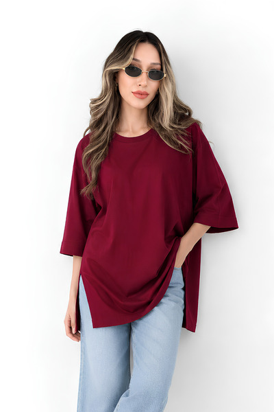 MOVİMENT Bordo Oversize Duble Kol Yandan Yırtmaçlı Uzun T-Shirt | Pamuklu Bas...