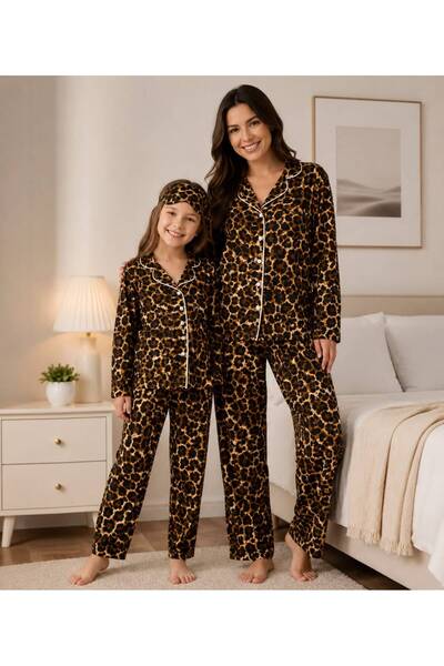 Fil Kids Mother-Daughter Cotton Suede Brown Leopard Piping Pattern Long Sleev...