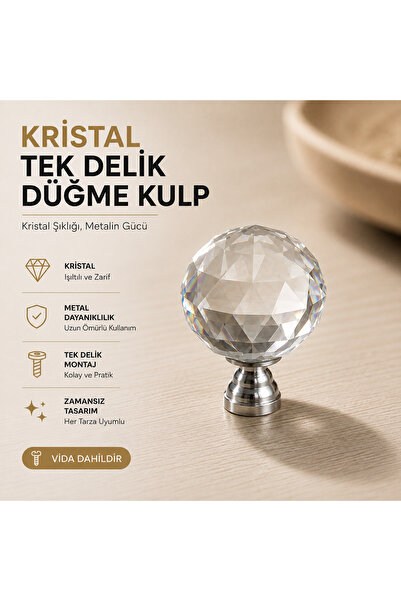 Ulaş Hırdavat Lüx Kristal Şeffaf Premium Tek Delikli Tek Vidalı Mobilya Kulpu...