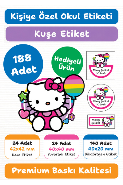 repro design 188 Adet Hello Kitty Kişiye Özel Okul Etiketi Kalem Defter Kitap...
