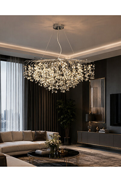 Kristal YENİ 120 CM AĞAÇ LÜX SALON AVİZE KROM İTHAL KASA