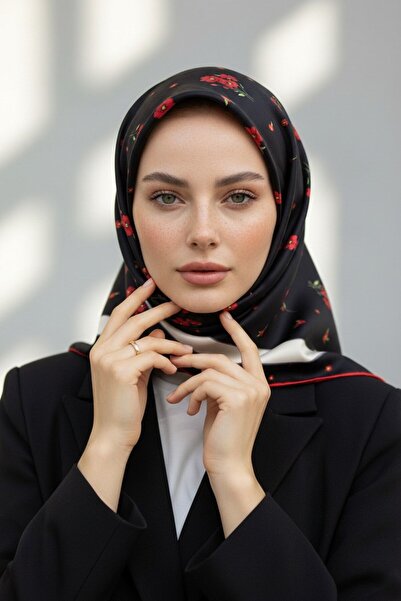 Vissona 100% Twill İpek Bordürlü Çıtır Çiçek Desenli Siyah - Kırmızı Renkli 9...