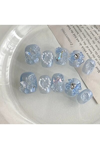 Choice XS 10pcs High-end Short love bow in blue handmade fake nails, Light lu...