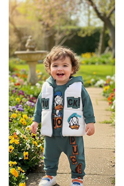 NOTA KİDS Boy's Green and White Animal Figured 3-Piece Vest Top and Bottom Set