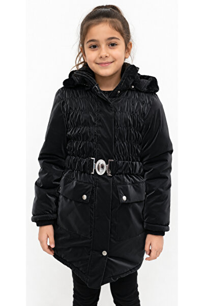 İrem Çocuk Giyim Girl's Black Midi Length Coat with Gipeli on the Front, Belt...