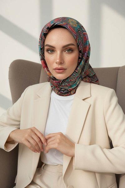 Vissona 100% Twill İpek Etnik Desenli Bordo - Petrol Yeşili Renkli 90x90 Diki...