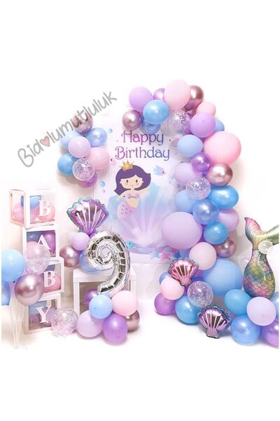 BİDOLUMUTLULUK Deniz Kızı Konsept Metalik Balon Ve Balon Zinciri