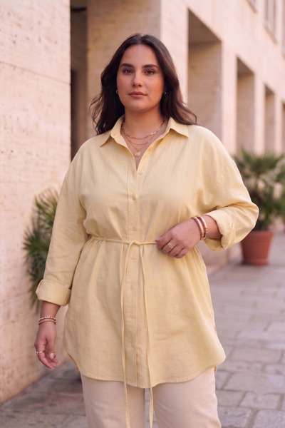 CHUL Plus Size Women's Slim Gabardine Linen Oversized Shirt with Belt - Butte...