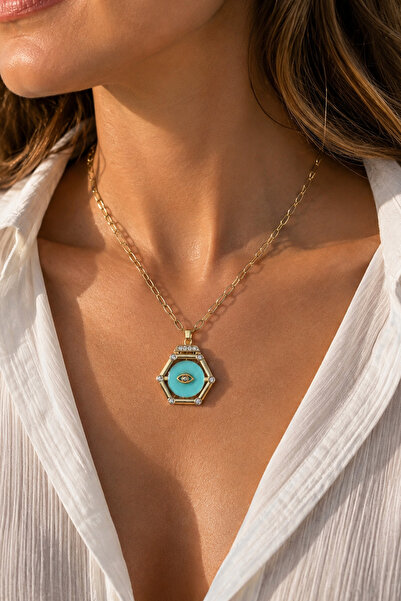 Modex Gold Color Necklace with Hexagon Figure Eye Detail (50cm)