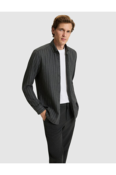 Pierre Cardin Anthracite Striped Regular Fit Long Sleeve Shirt 50316765-Vr006