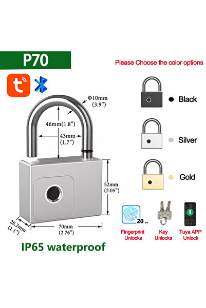 Choice5 Black P70 RAYKUBE Tuya Smart Padlock Fingerprint Waterproof USB Charg...