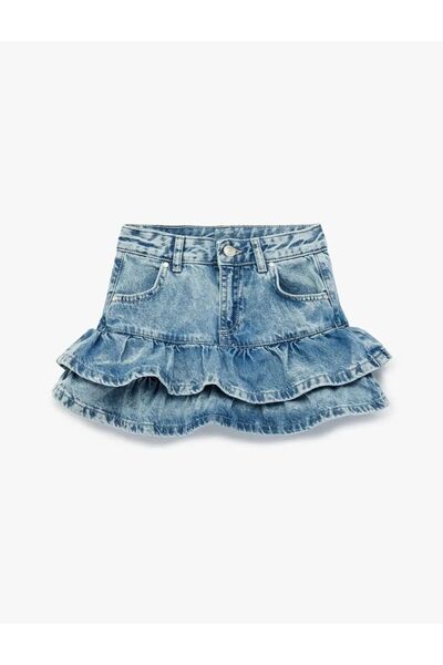 Koton Cotton Layered Ruffle Detailed Mini Denim Skirt with Pockets