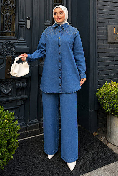 Missvalle Luna Stone Embroidered Denim Suit Light Blue 19401
