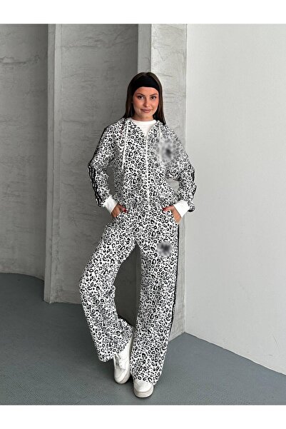 mylunessa White Leopard Patterned Oversize Long Sleeve Tracksuit Set with Fro...