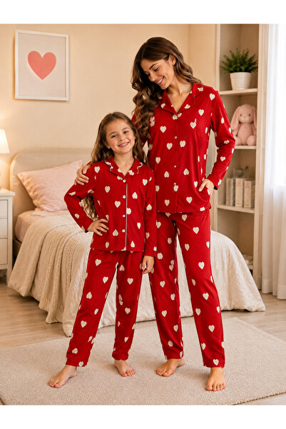 zahider Mother Daughter Cotton Suede Fabric Heart Pattern Pajamas Set