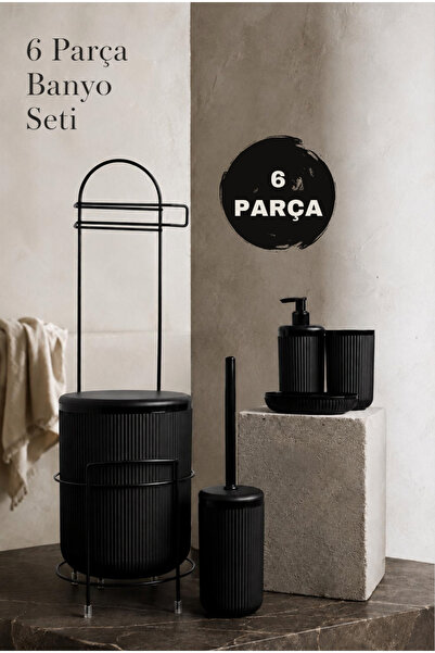 Okyanus Home Siyah Linea Standlı Wc Kağıtlık ve 6 Parça Banyo Seti