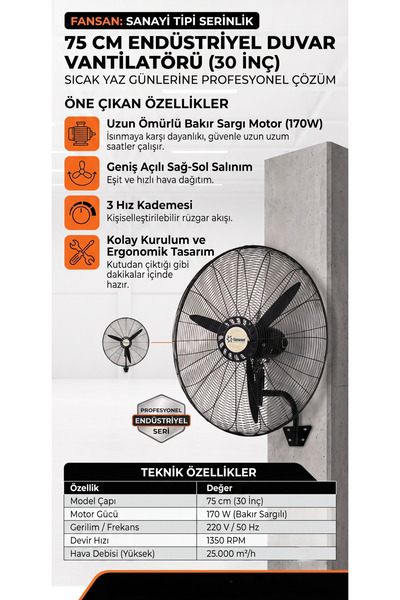 Fansan 75 cm Sanayi Tipi Duvara Monte Vantilatör - Siyah