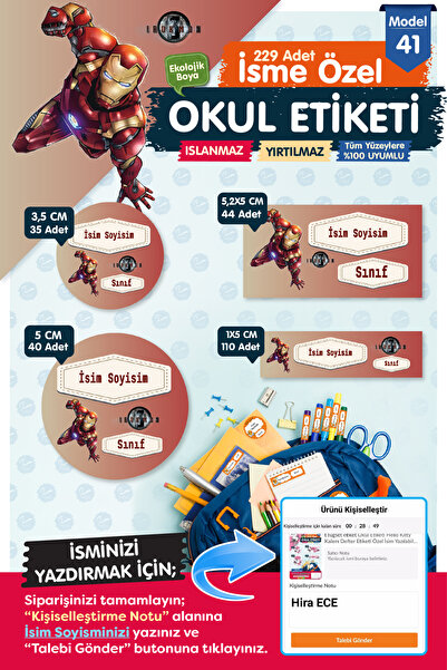 t tuğset etiket Okul Etiketi Iron Man Kalem Defter Etiketi Özel Isim Yazılabi...