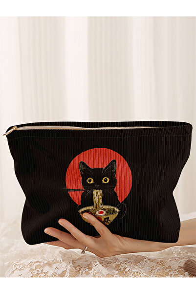 Choice black cat 1 black cat pattern printed corduroy makeup bag, lightweight...